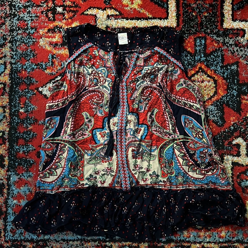 🍄Billa• Boho Colorful Blouse With Black Crochet Detail